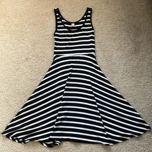 Black and white striped fit and flare dress